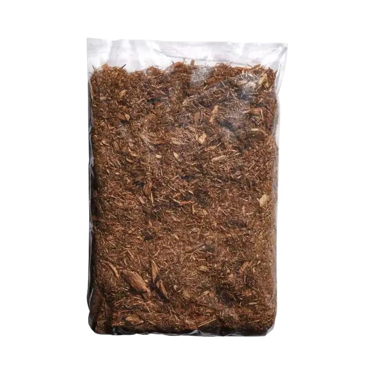 The Go Build 2 cu. ft. Cedar Mulch, shown in a clear plastic bag against a white background, offers natural insect repellent benefits and effectively prevents weed growth.